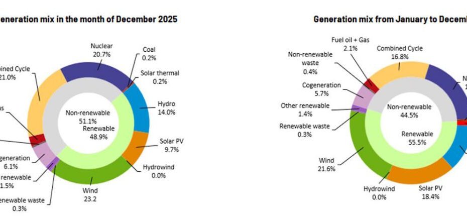 Renewables account for more than 55 pct of Spain’s energy mix in 2025, and in first month of 2026