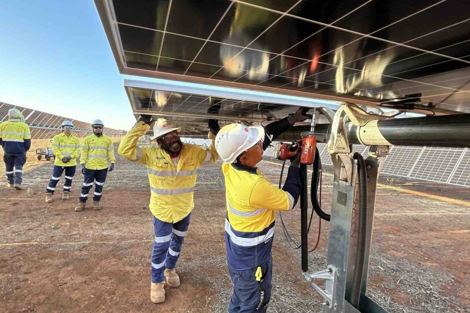 Last panel goes up at first solar-battery hybrid project to connect to Australia’s main grid